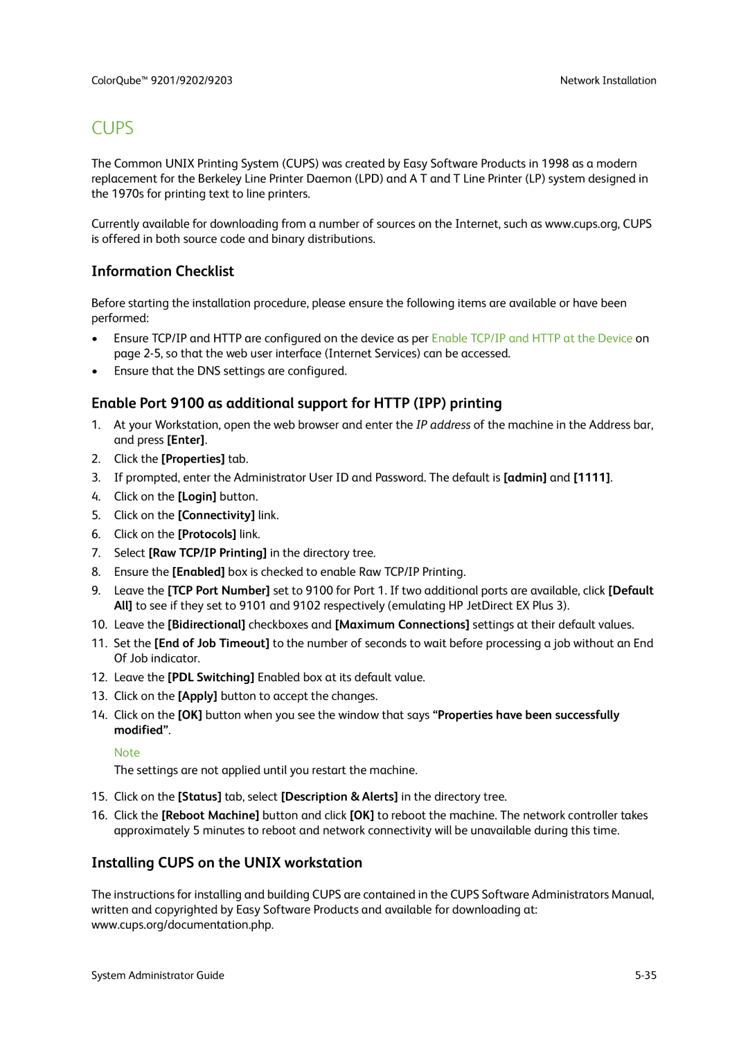 Xerox 9203, 9202, 9201 manual Installing Cups on the Unix workstation 