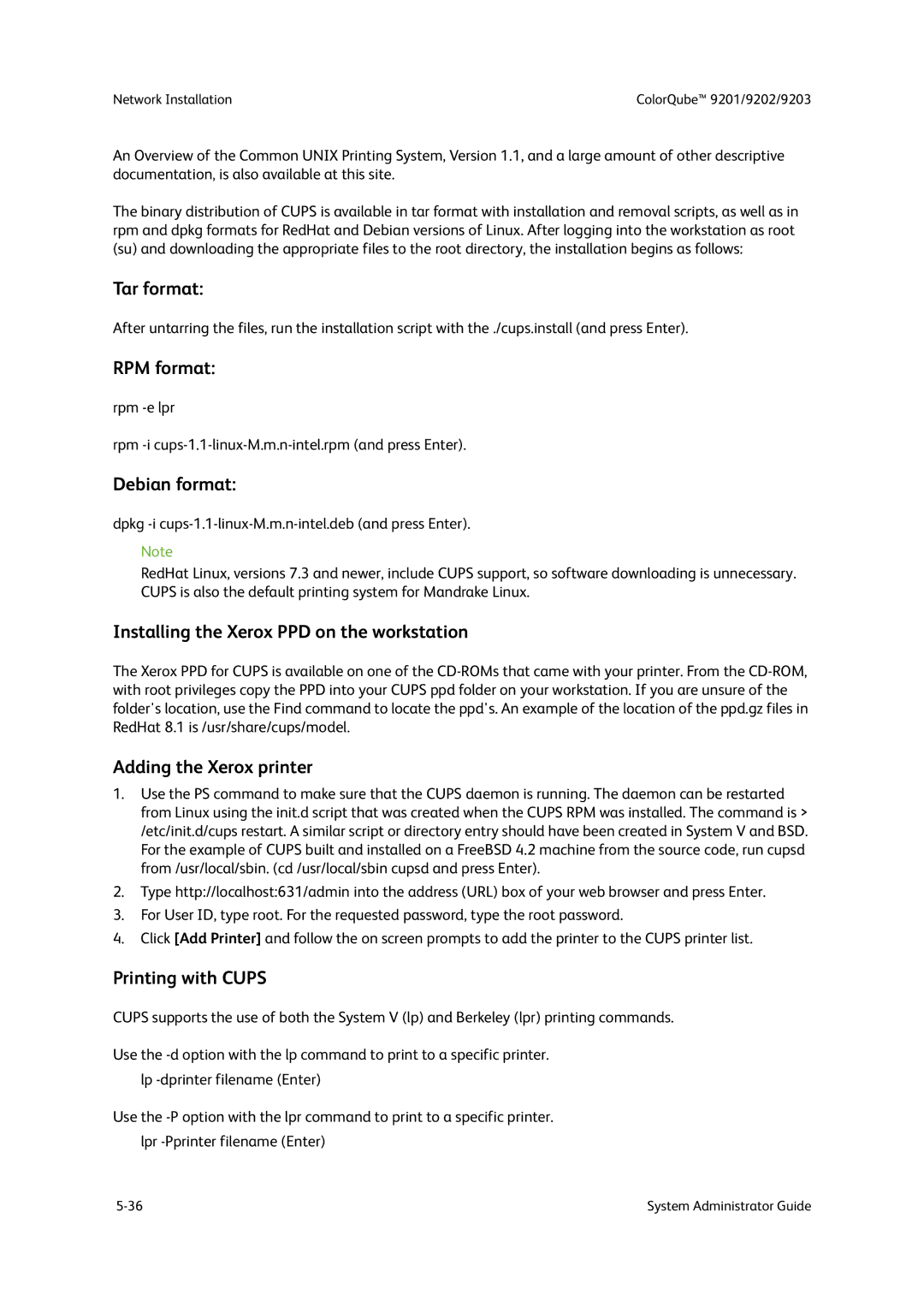 Xerox 9202 Tar format, RPM format, Debian format, Installing the Xerox PPD on the workstation, Adding the Xerox printer 