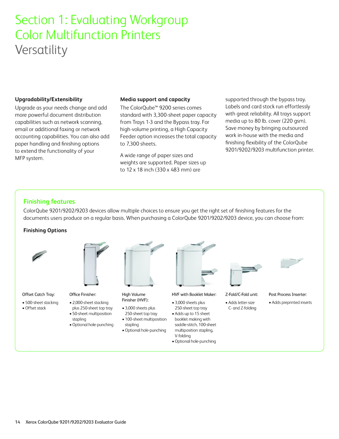 Xerox 9203, 9202, 9201 manual Finishing features, Upgradability/Extensibility, Media support and capacity, Finishing Options 