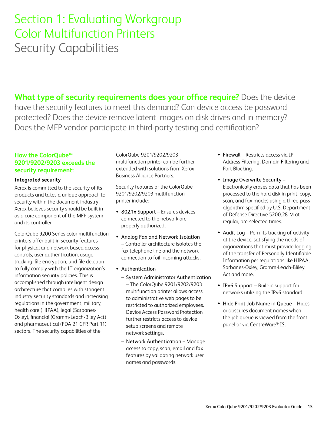 Xerox 9202, 9201, 9203 manual Security Capabilities, Integrated security 