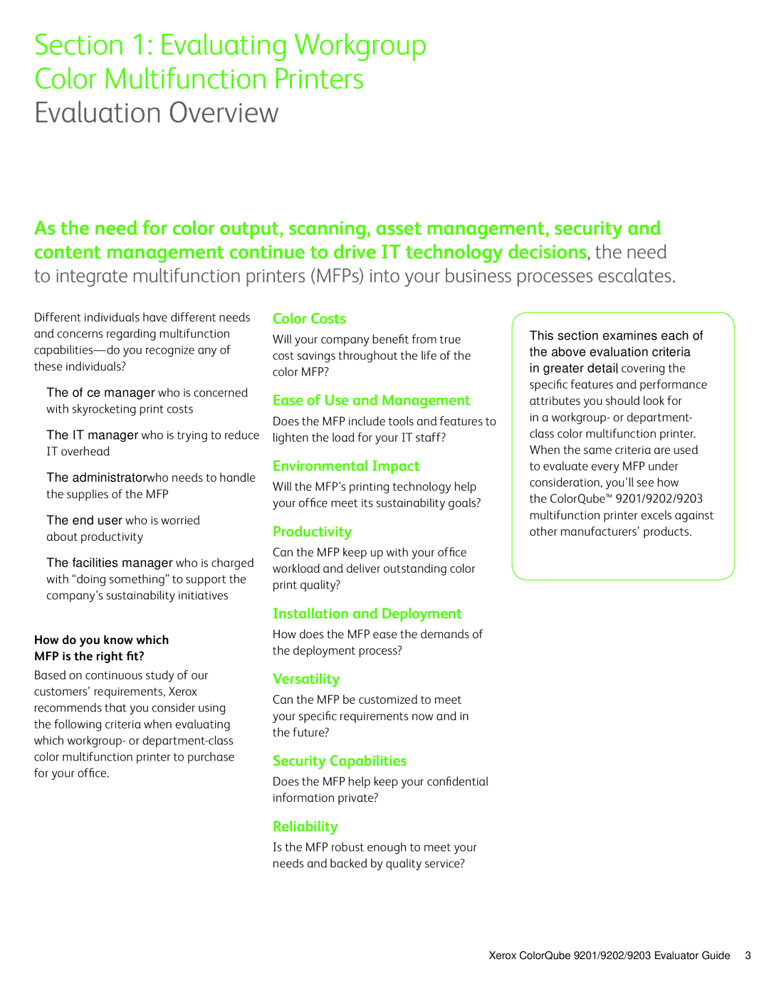 Xerox 9202, 9201, 9203 manual Evaluation Overview 