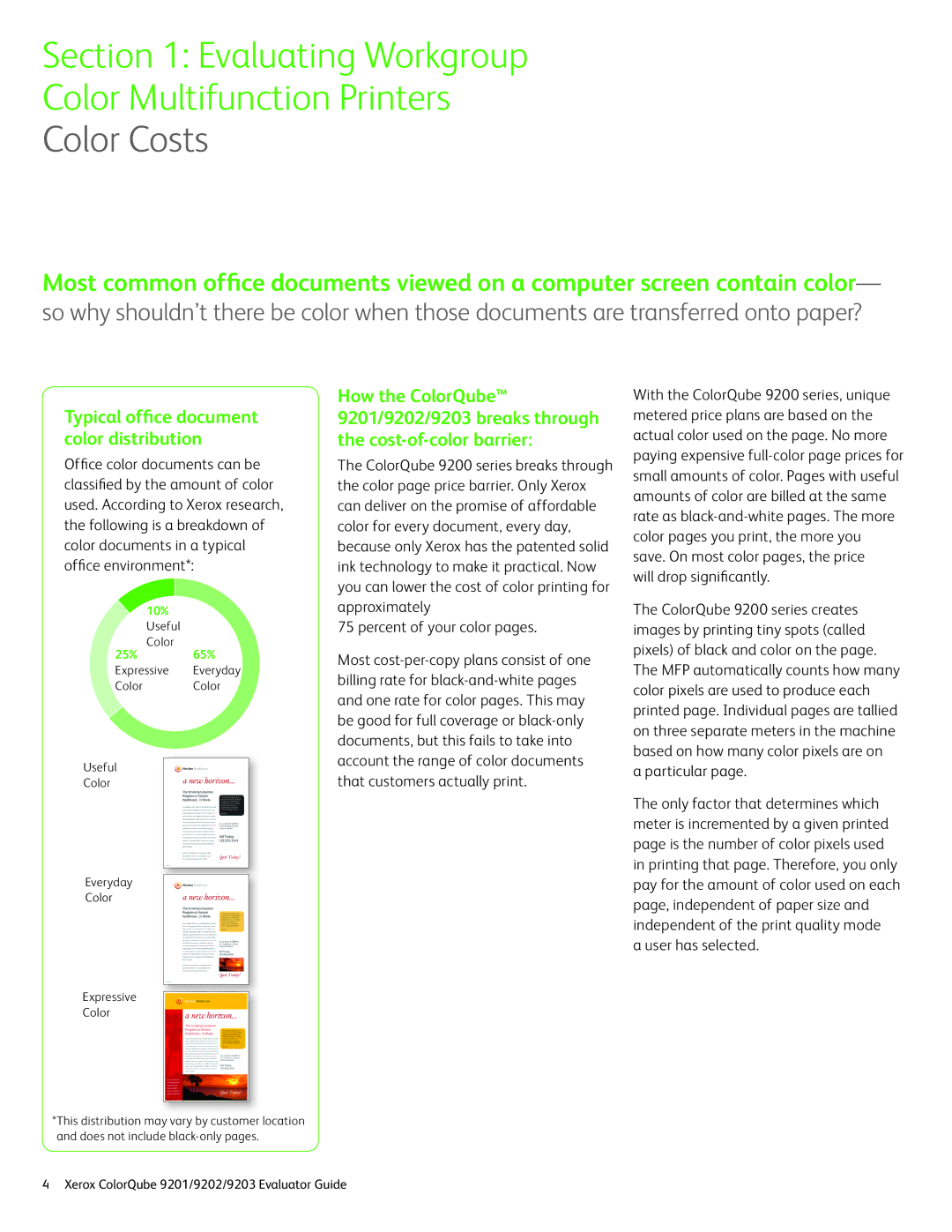 Xerox 9201, 9202, 9203 manual Color Costs, Typical office document color distribution 