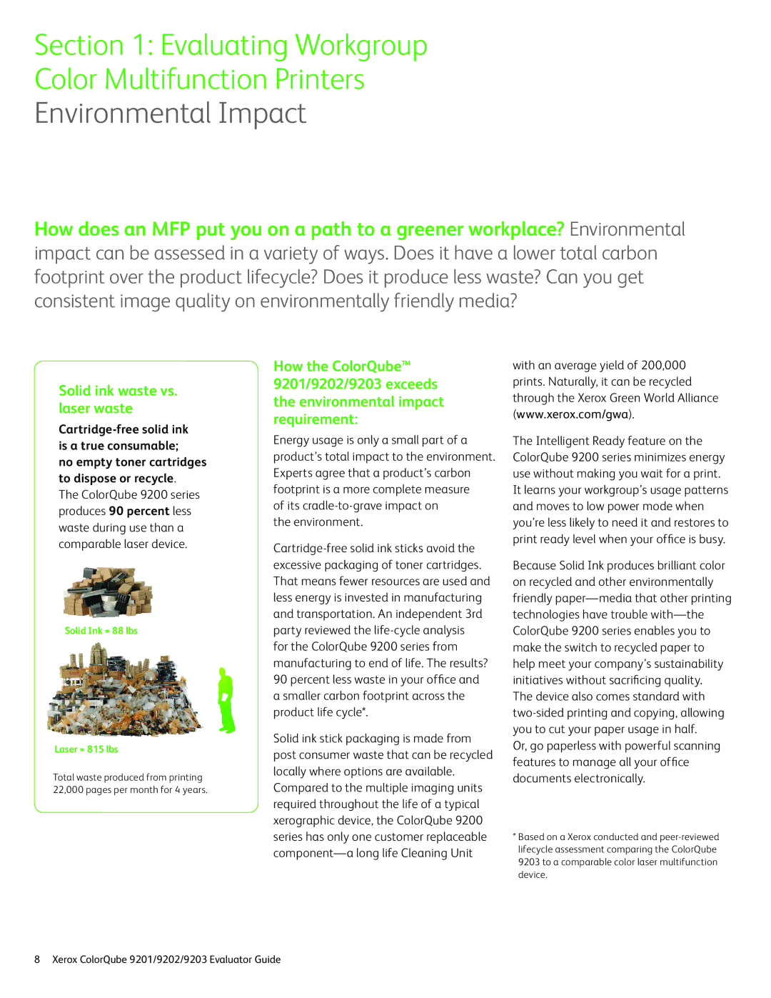 Xerox 9203, 9202, 9201 manual Environmental Impact, Solid ink waste vs. laser waste 