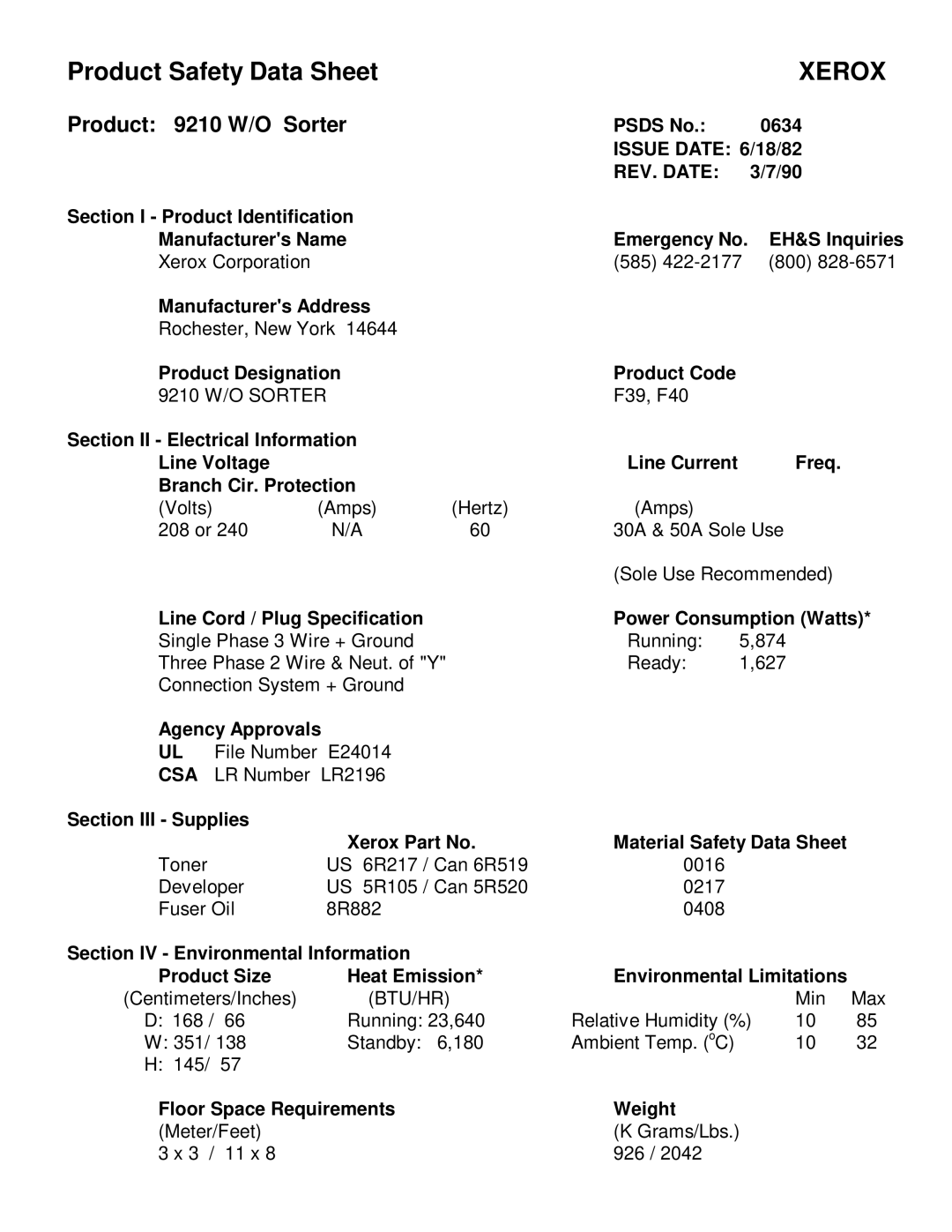Xerox manual Xerox, Product 9210 W/O Sorter, REV. Date, Csa 