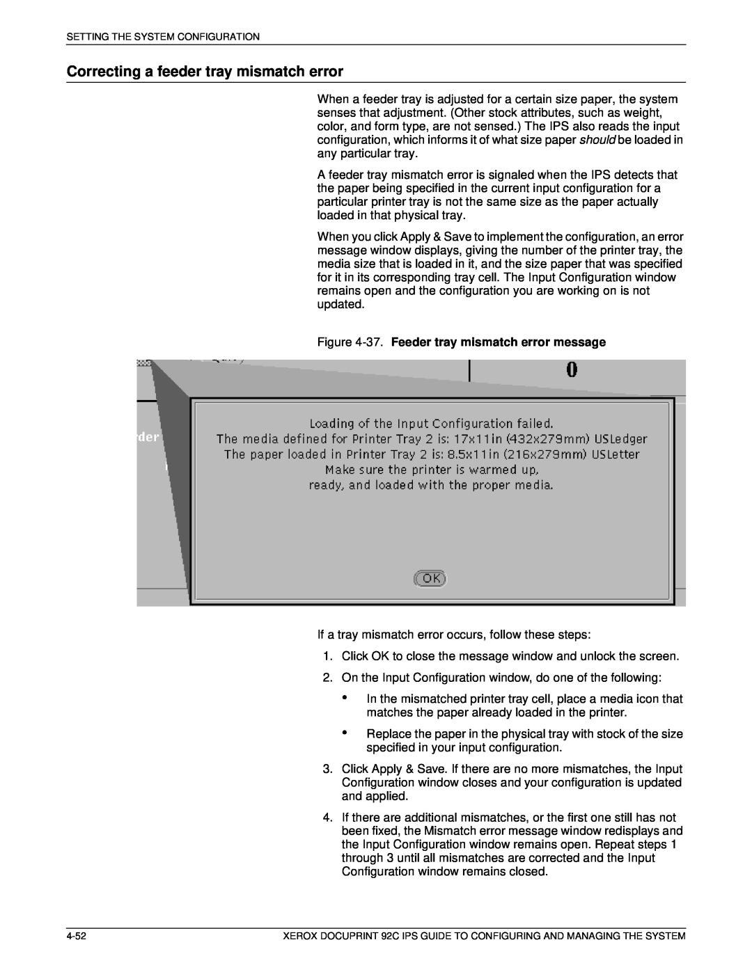 Xerox 92C IPS manual Correcting a feeder tray mismatch error, 37. Feeder tray mismatch error message 