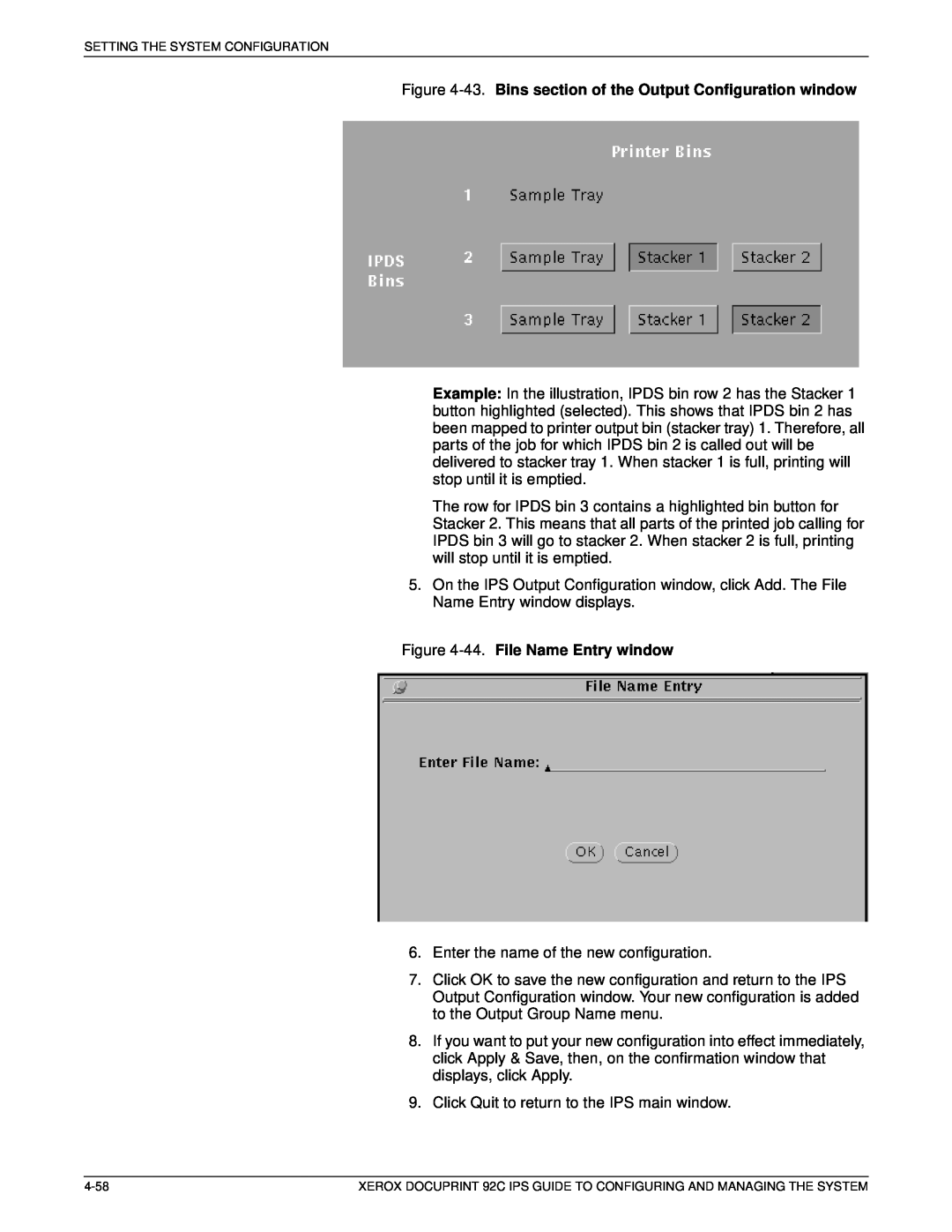 Xerox 92C IPS manual 43. Bins section of the Output Configuration window, 44. File Name Entry window 