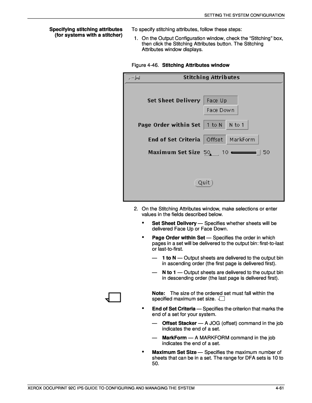 Xerox 92C IPS manual for systems with a stitcher, 46. Stitching Attributes window 