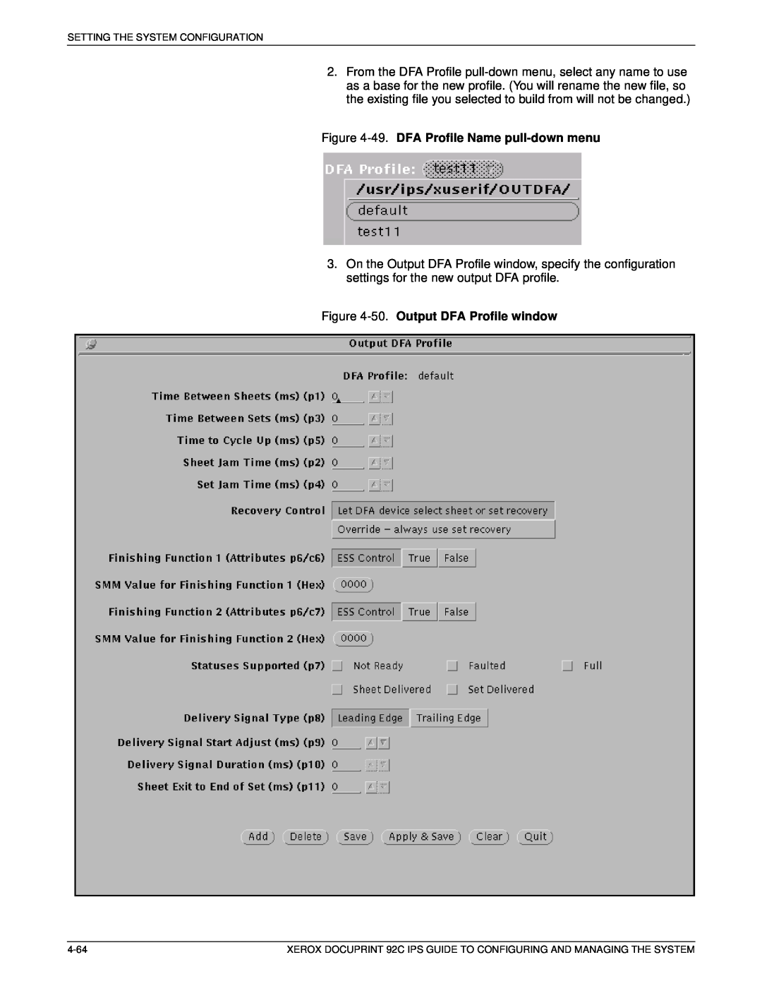 Xerox 92C IPS manual 49. DFA Profile Name pull-down menu, 50. Output DFA Profile window 