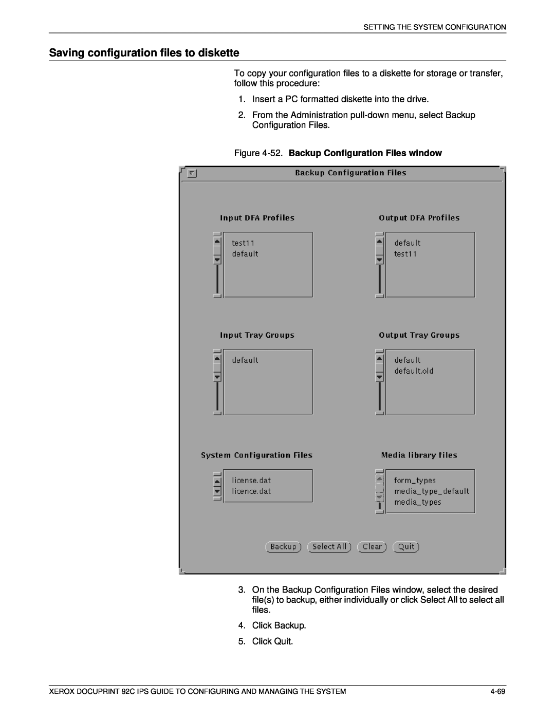 Xerox 92C IPS manual Saving configuration files to diskette, 52. Backup Configuration Files window 
