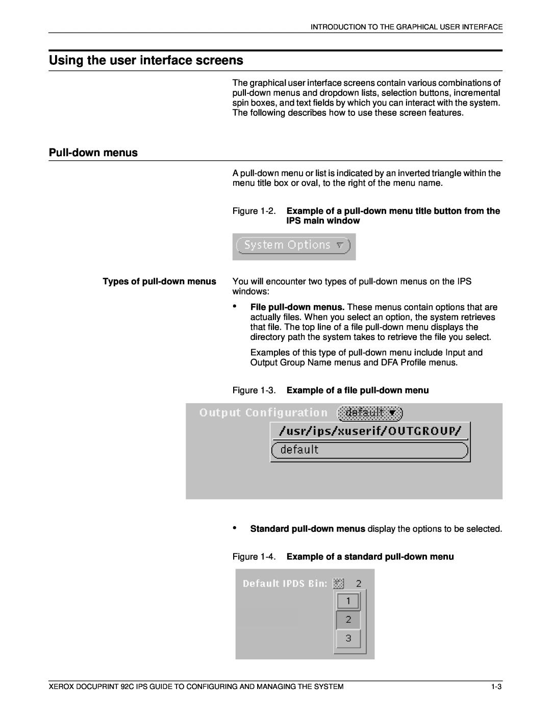 Xerox 92C IPS Using the user interface screens, Pull-down menus, 2. Example of a pull-down menu title button from the 