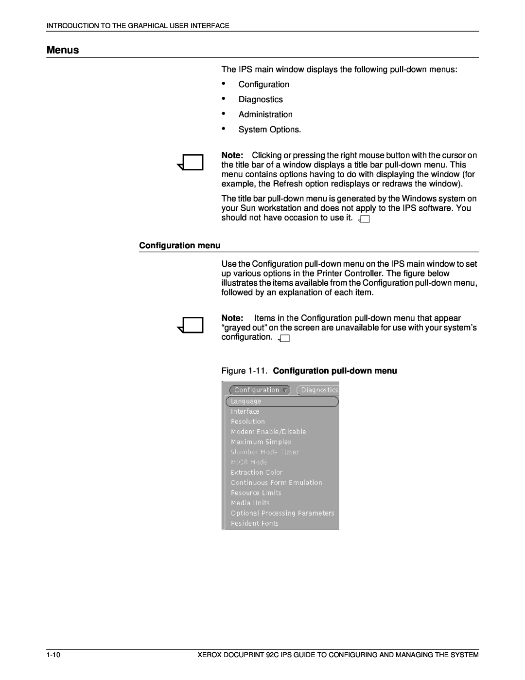 Xerox 92C IPS manual Menus, Configuration menu, 11. Configuration pull-down menu 