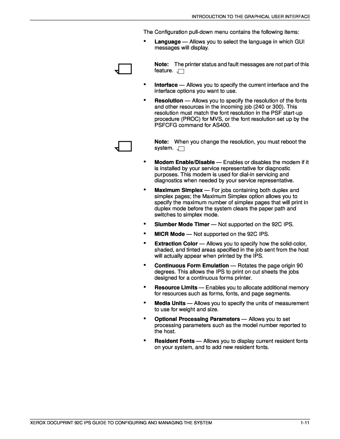 Xerox 92C IPS manual The Configuration pull-down menu contains the following items 