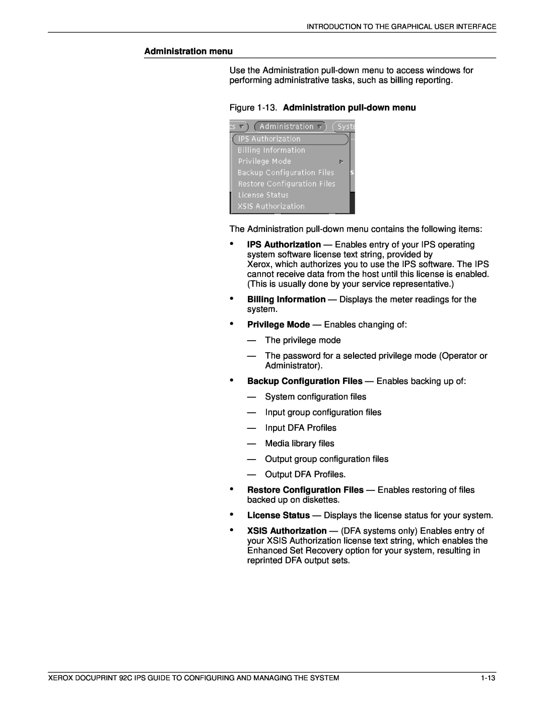 Xerox 92C IPS Administration menu, 13. Administration pull-down menu, Backup Configuration Files - Enables backing up of 