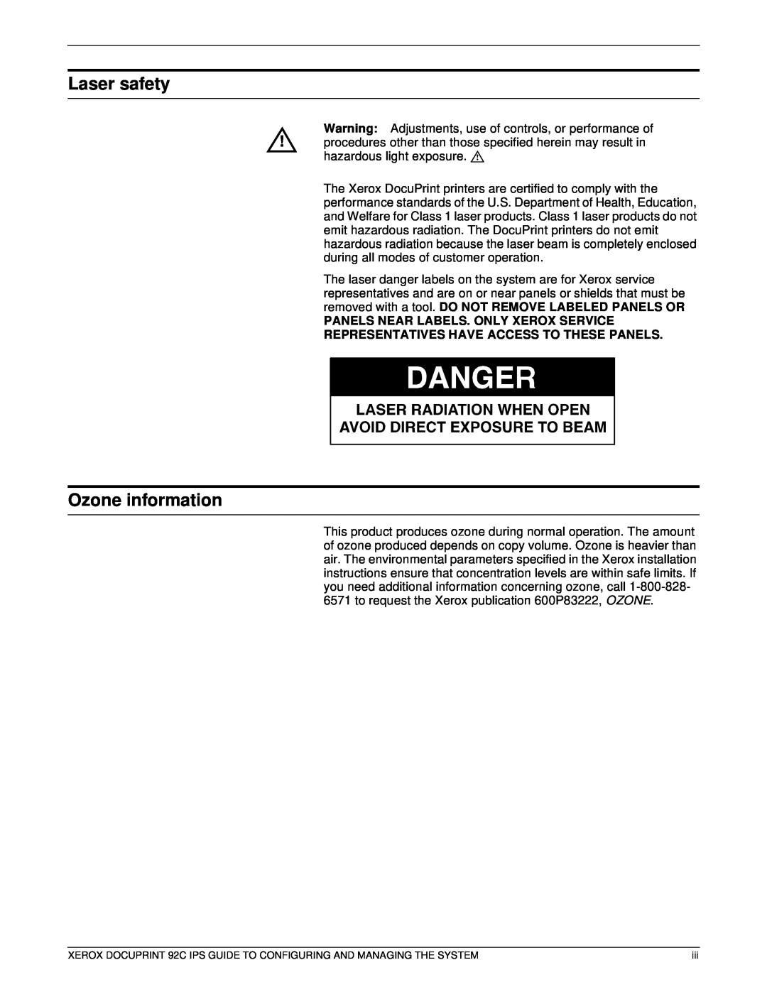 Xerox 92C IPS manual Laser safety, Ozone information 