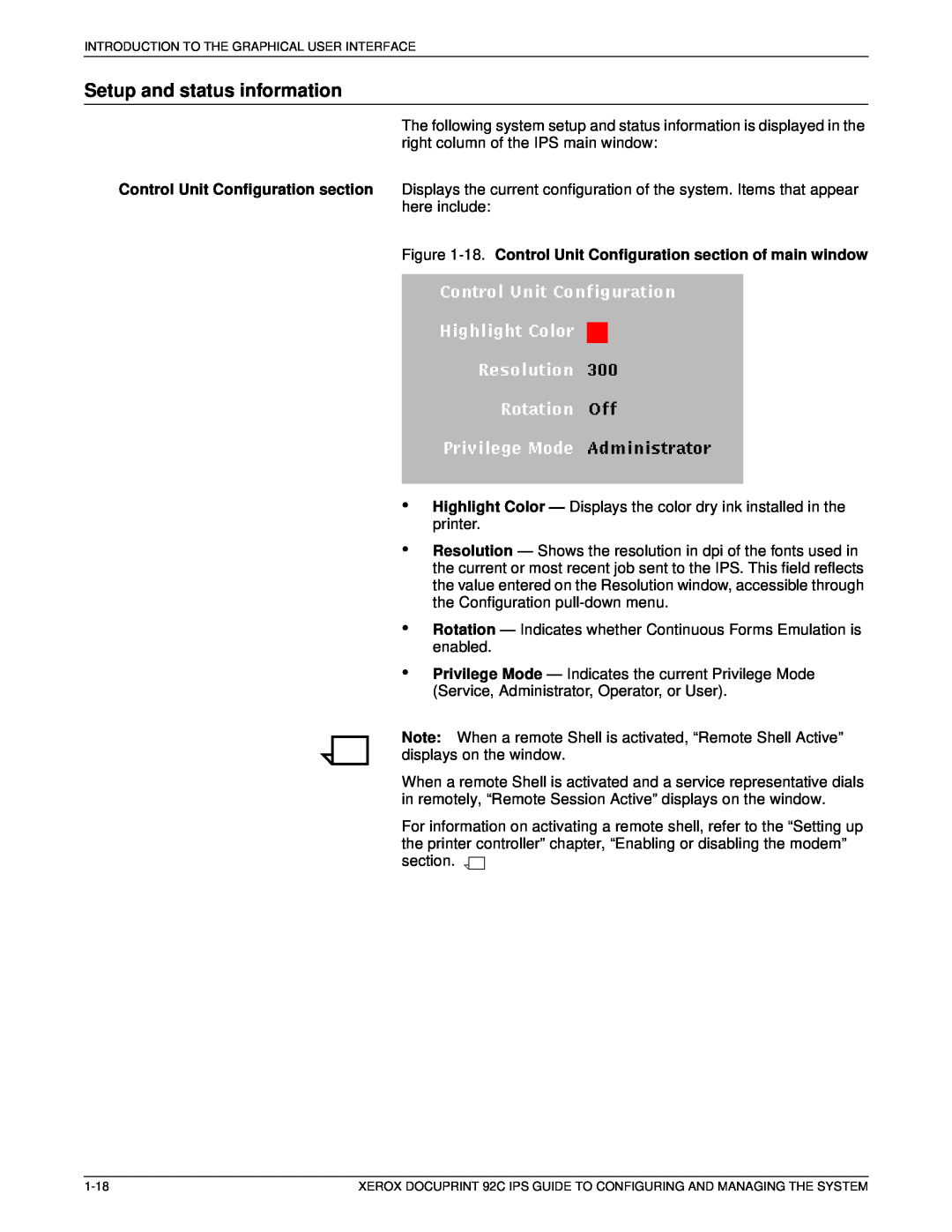 Xerox 92C IPS manual Setup and status information, 18. Control Unit Configuration section of main window 