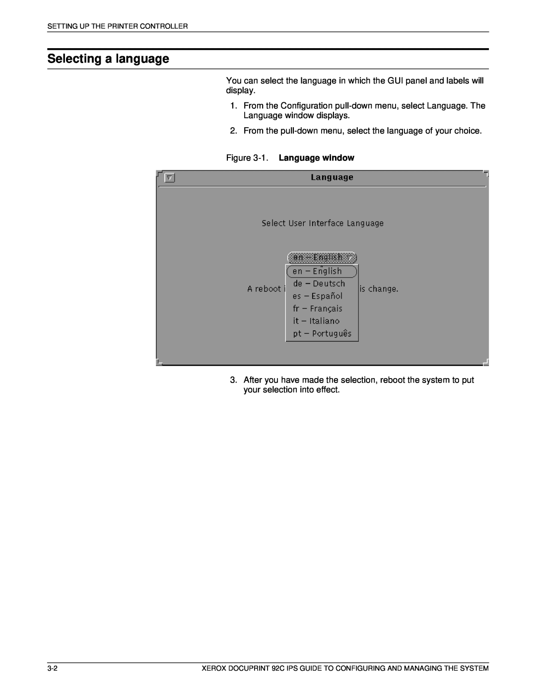 Xerox 92C IPS manual Selecting a language, 1. Language window 