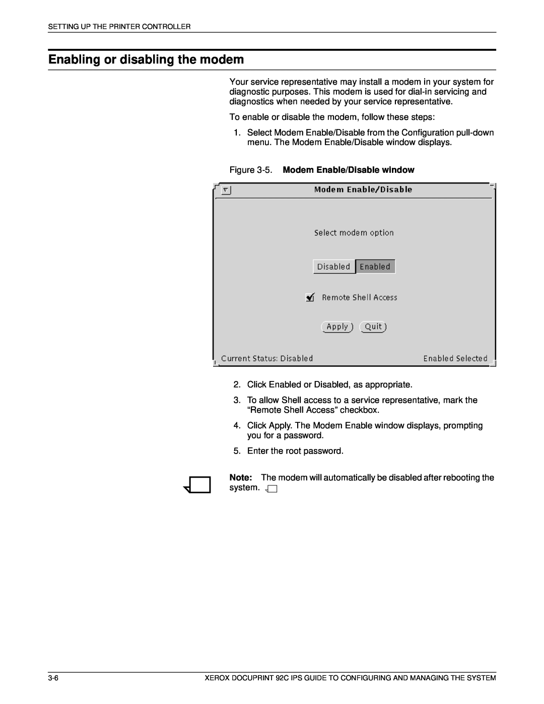 Xerox 92C IPS manual Enabling or disabling the modem, 5. Modem Enable/Disable window 