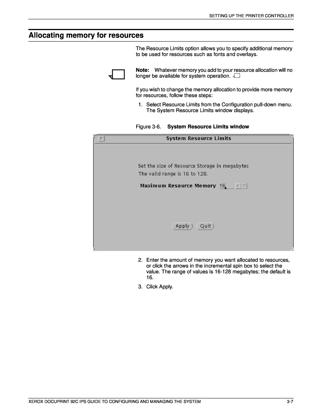 Xerox 92C IPS manual Allocating memory for resources, 6. System Resource Limits window 