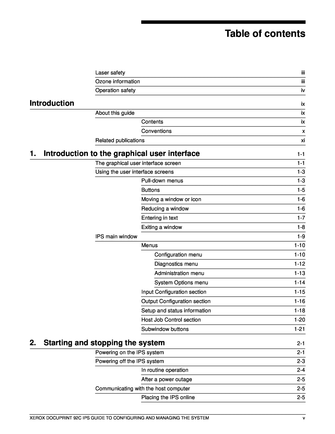 Xerox 92C IPS manual Table of contents, Introduction to the graphical user interface, Starting and stopping the system 