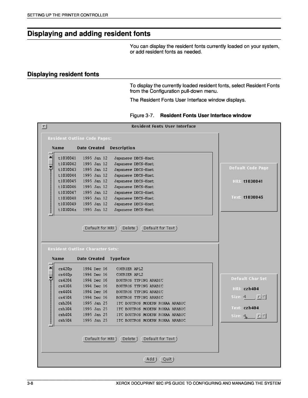 Xerox 92C IPS Displaying and adding resident fonts, Displaying resident fonts, 7. Resident Fonts User Interface window 
