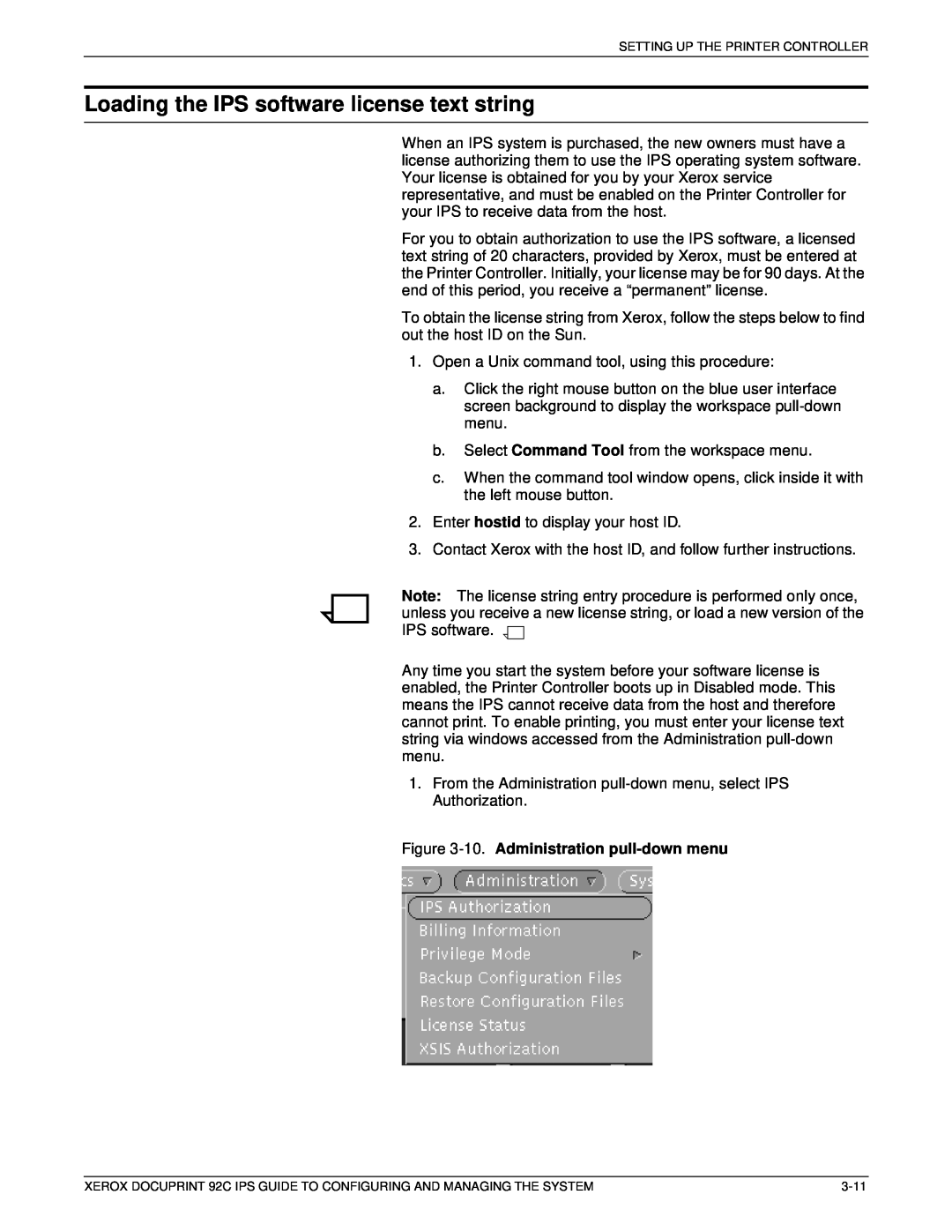 Xerox 92C IPS manual Loading the IPS software license text string, 10. Administration pull-down menu 