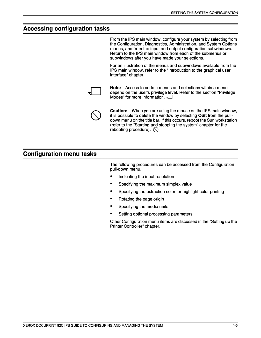 Xerox 92C IPS manual Accessing configuration tasks, Configuration menu tasks 