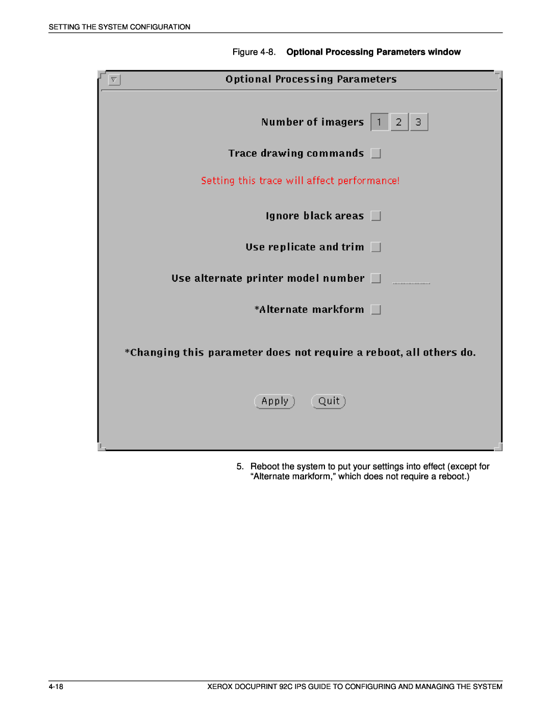 Xerox 92C IPS manual 8. Optional Processing Parameters window, Setting The System Configuration, 4-18 