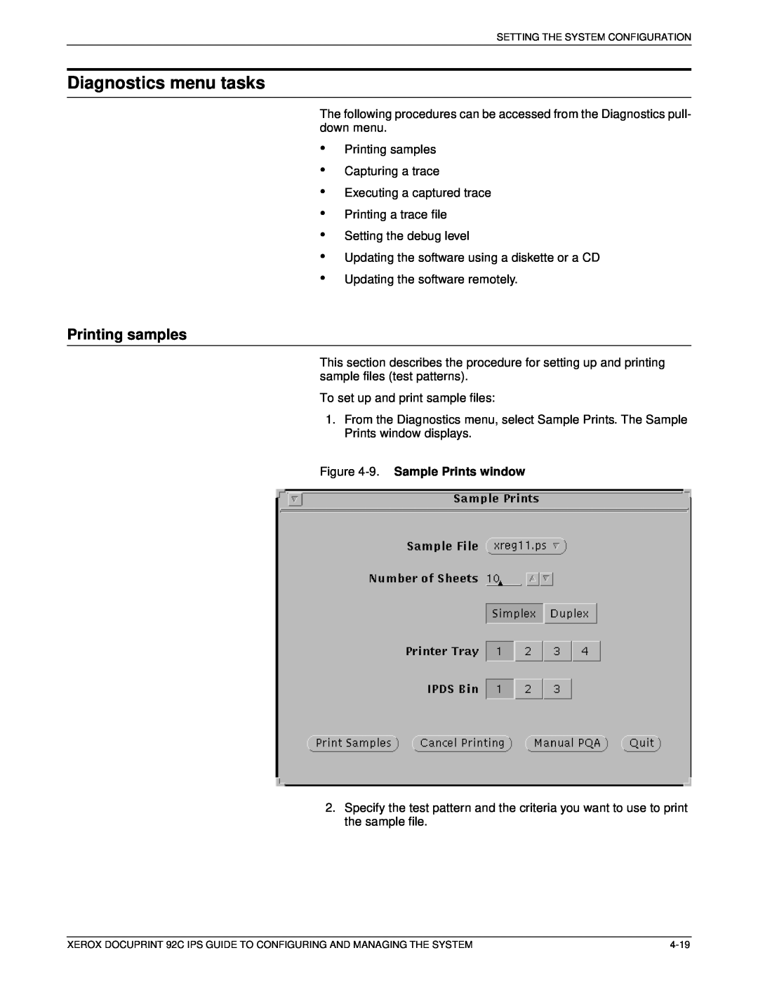 Xerox 92C IPS manual Diagnostics menu tasks, Printing samples, 9. Sample Prints window 