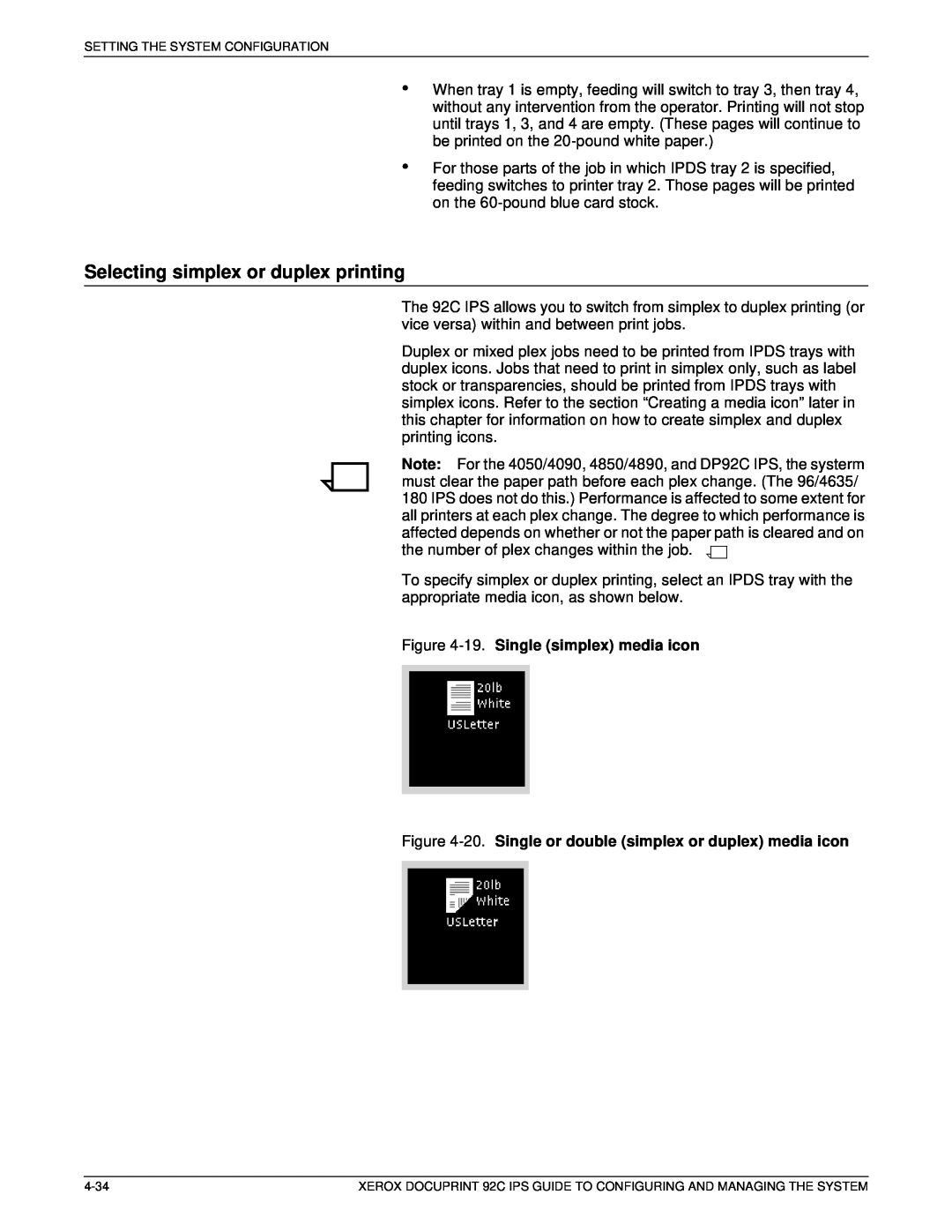 Xerox 92C IPS manual Selecting simplex or duplex printing, 19. Single simplex media icon 