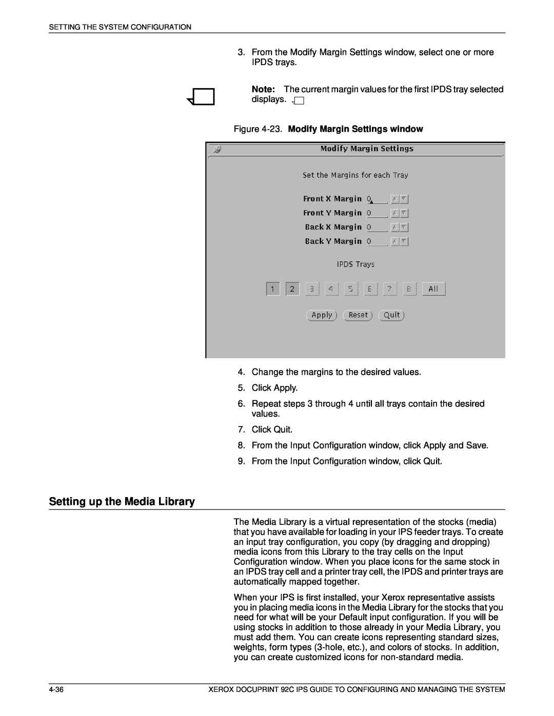 Xerox 92C IPS manual Setting up the Media Library, 23. Modify Margin Settings window 