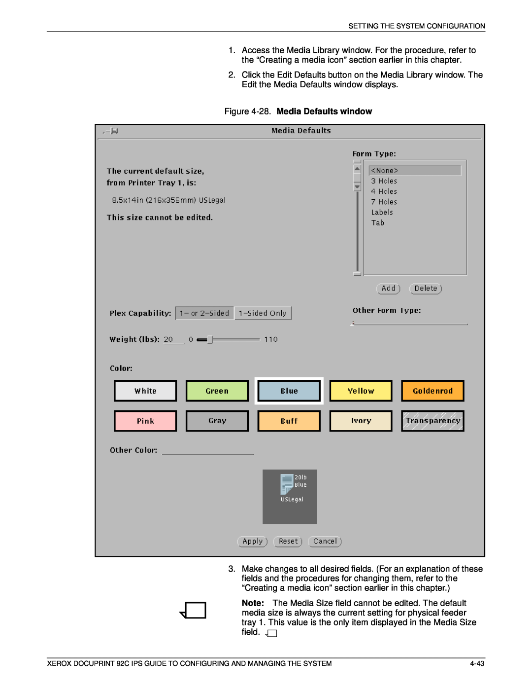 Xerox 92C IPS manual 28. Media Defaults window, Setting The System Configuration, 4-43 