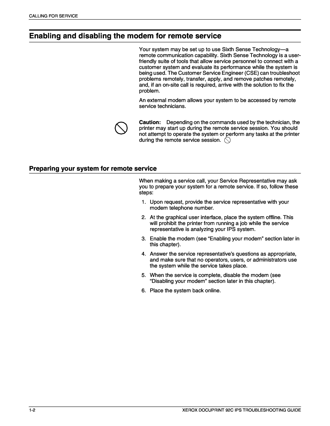 Xerox 92C IPS manual Enabling and disabling the modem for remote service, Preparing your system for remote service 