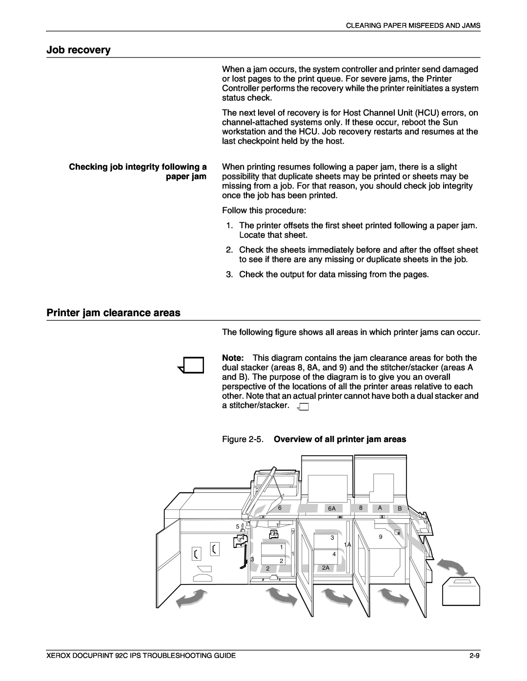 Xerox 92C IPS manual Job recovery, Printer jam clearance areas, Checking job integrity following a paper jam 