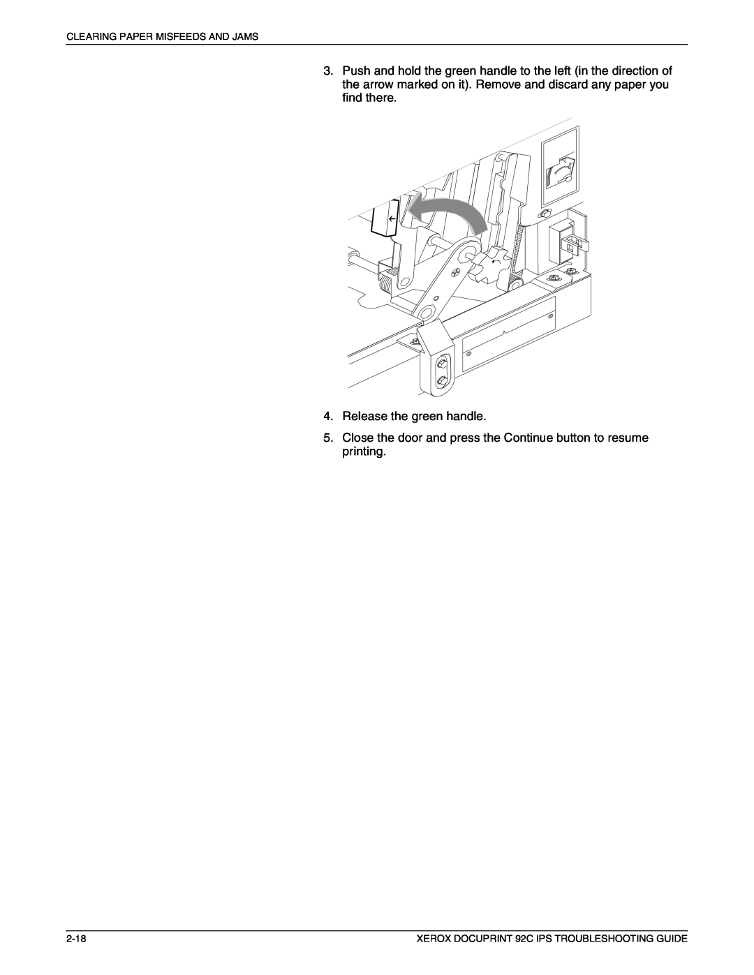 Xerox 92C IPS manual Release the green handle, Close the door and press the Continue button to resume printing, 2-18 