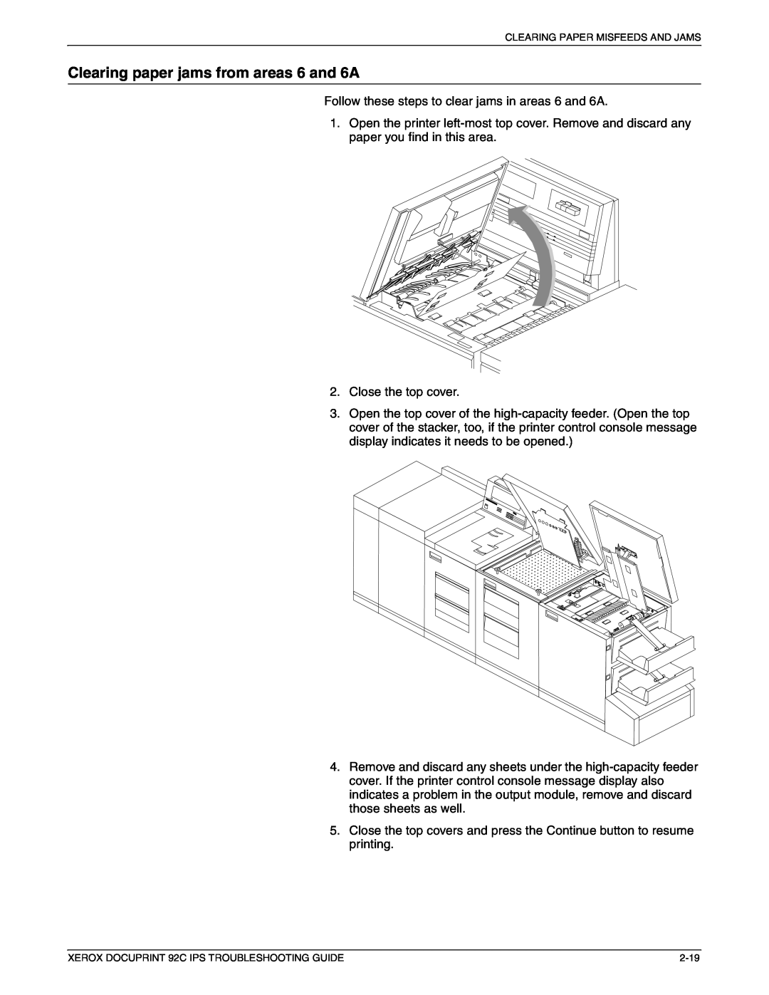 Xerox 92C IPS manual Clearing paper jams from areas 6 and 6A 