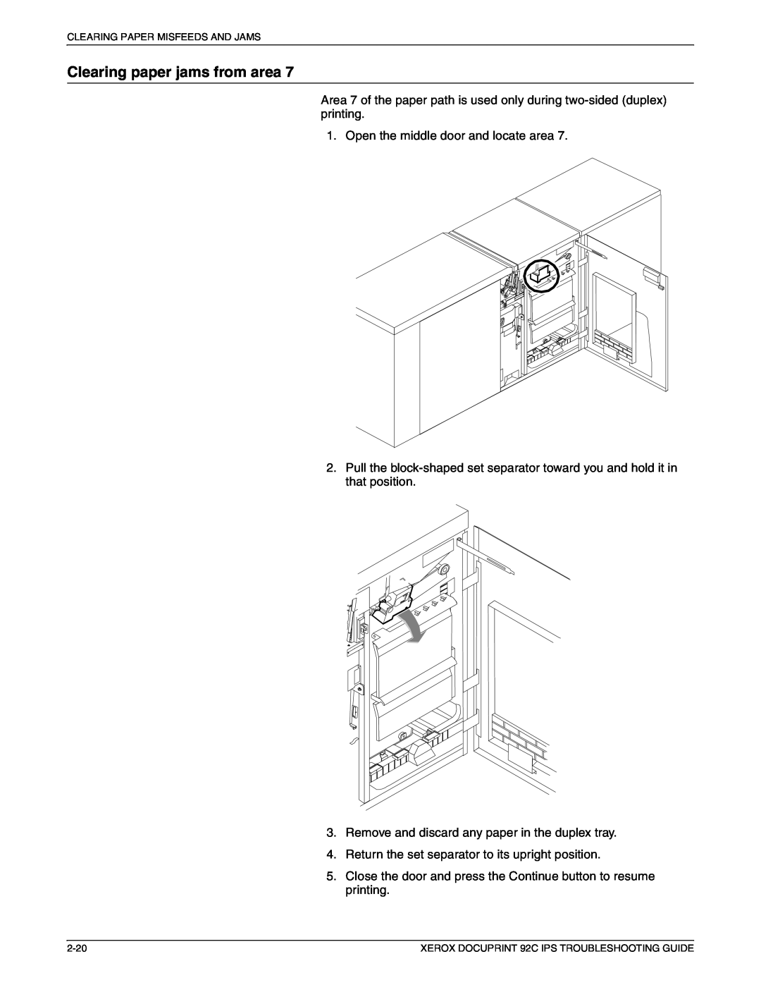 Xerox 92C IPS manual Clearing paper jams from area 