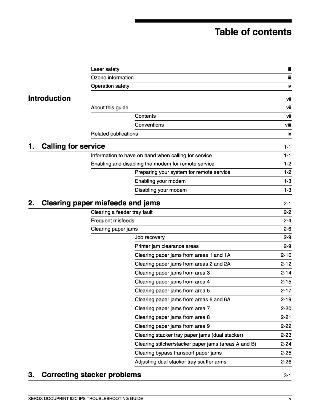 Xerox 92C IPS manual Table of contents, Introduction, Calling for service, Clearing paper misfeeds and jams 