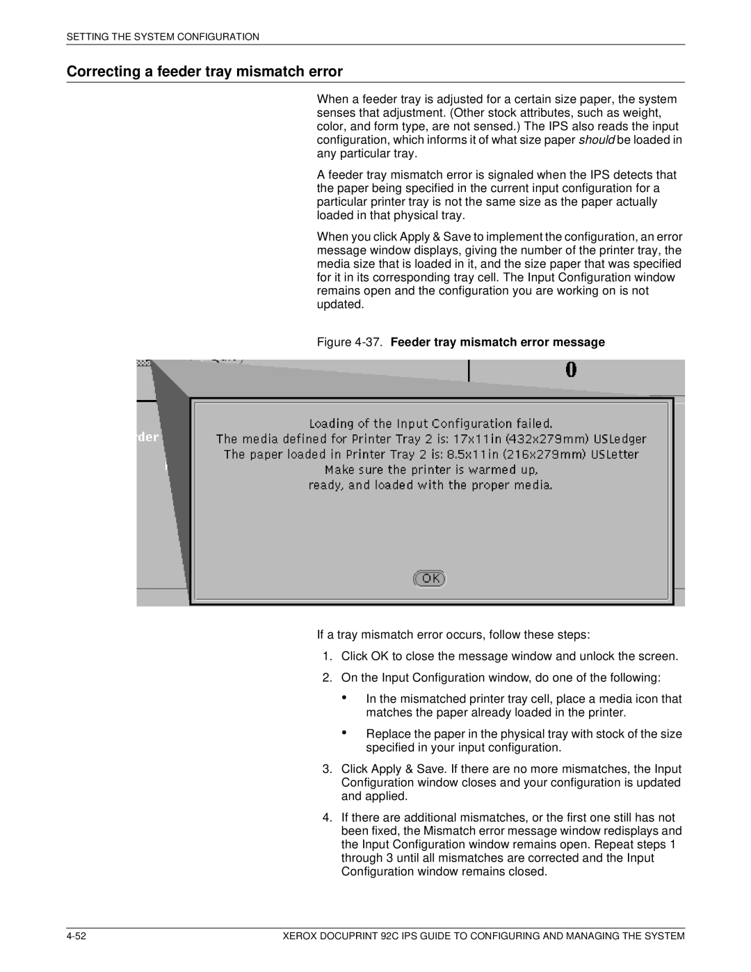 Xerox 92C IPS manual Correcting a feeder tray mismatch error, Feeder tray mismatch error message 