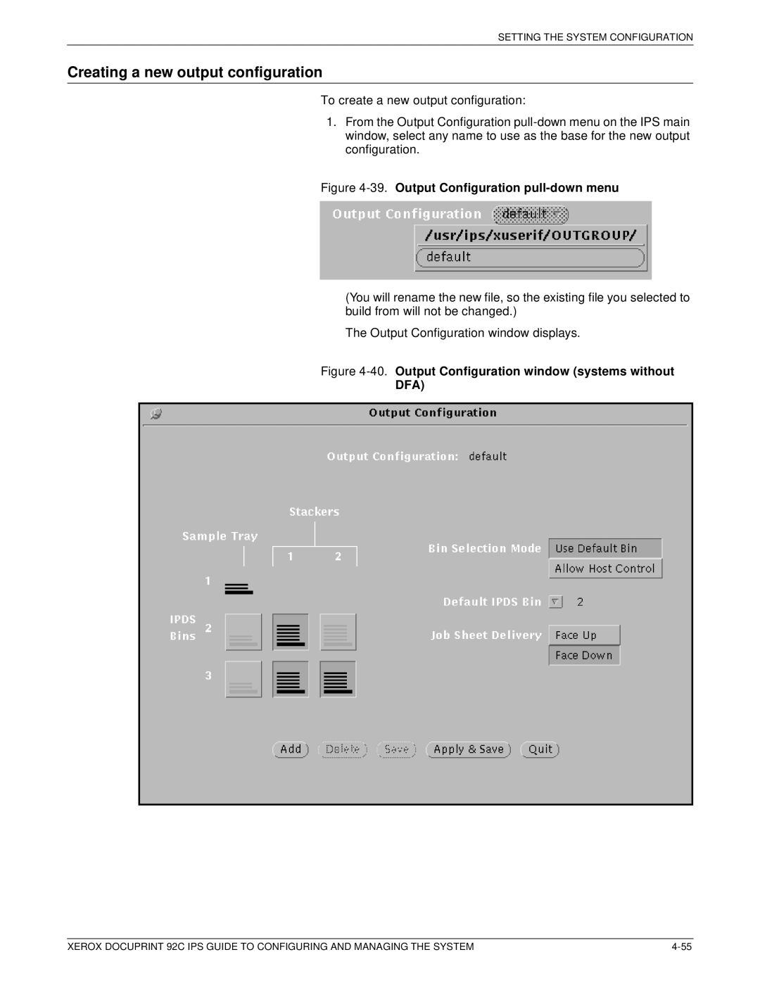 Xerox 92C IPS manual Creating a new output configuration, Output Configuration pull-down menu 