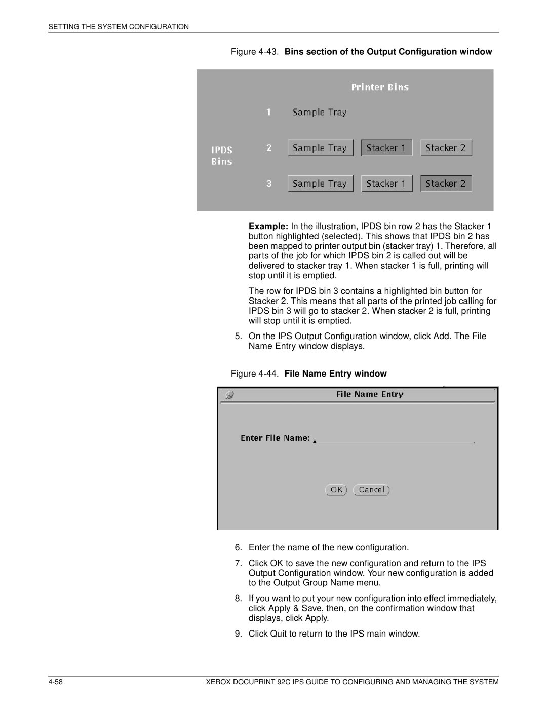 Xerox 92C IPS manual Bins section of the Output Configuration window 