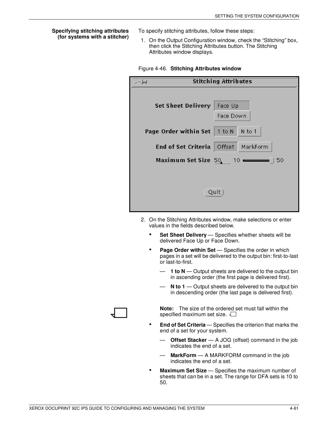 Xerox 92C IPS manual For systems with a stitcher, Stitching Attributes window 