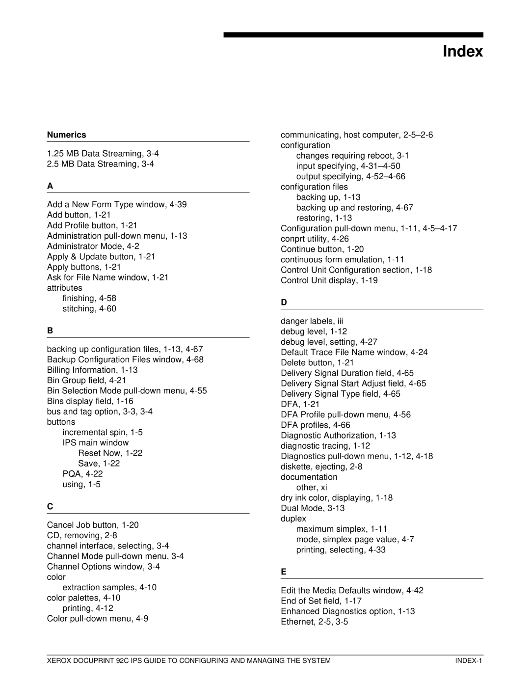 Xerox 92C IPS manual Index, Numerics 