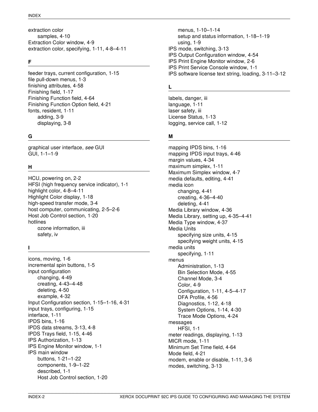 Xerox 92C IPS manual Index 