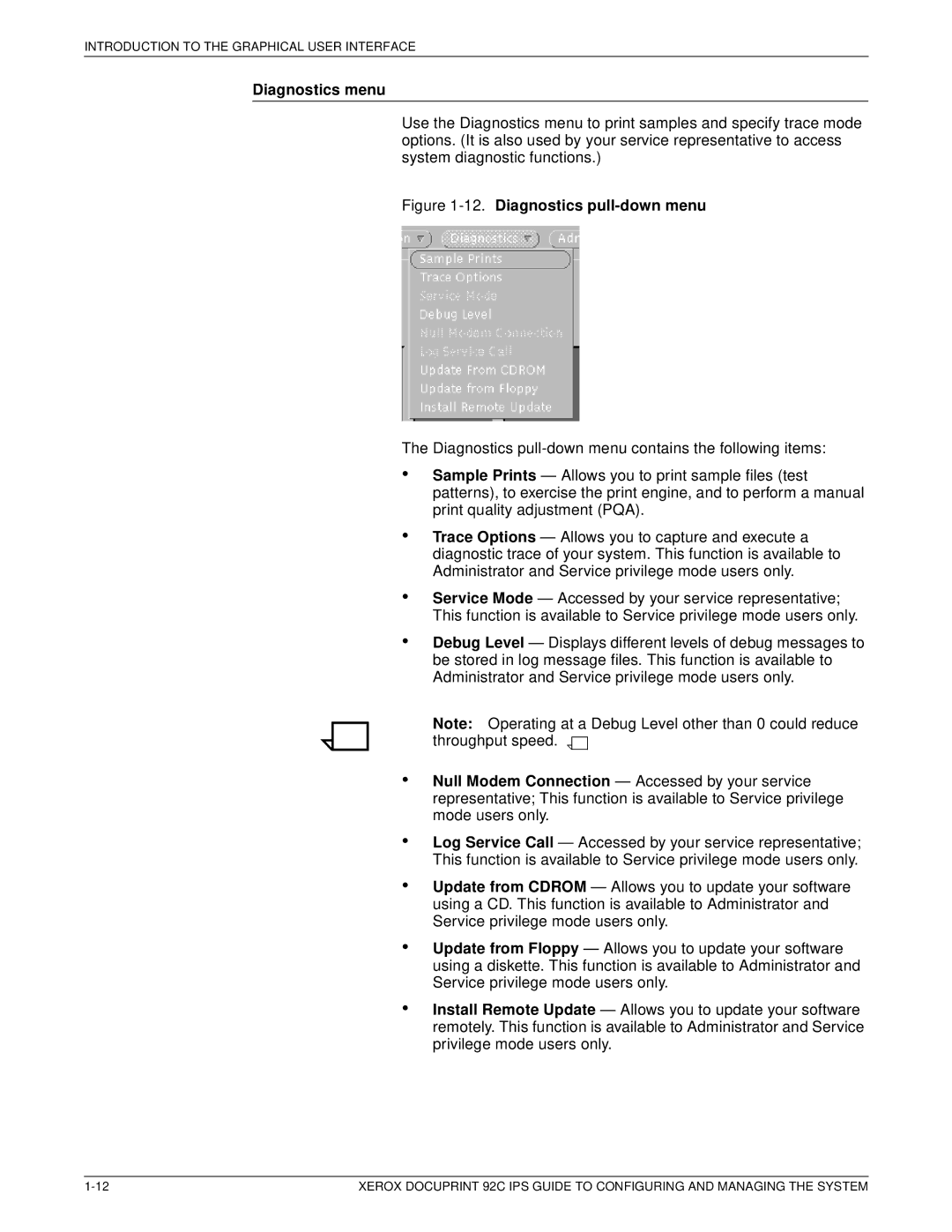 Xerox 92C IPS manual Diagnostics menu, Diagnostics pull-down menu 