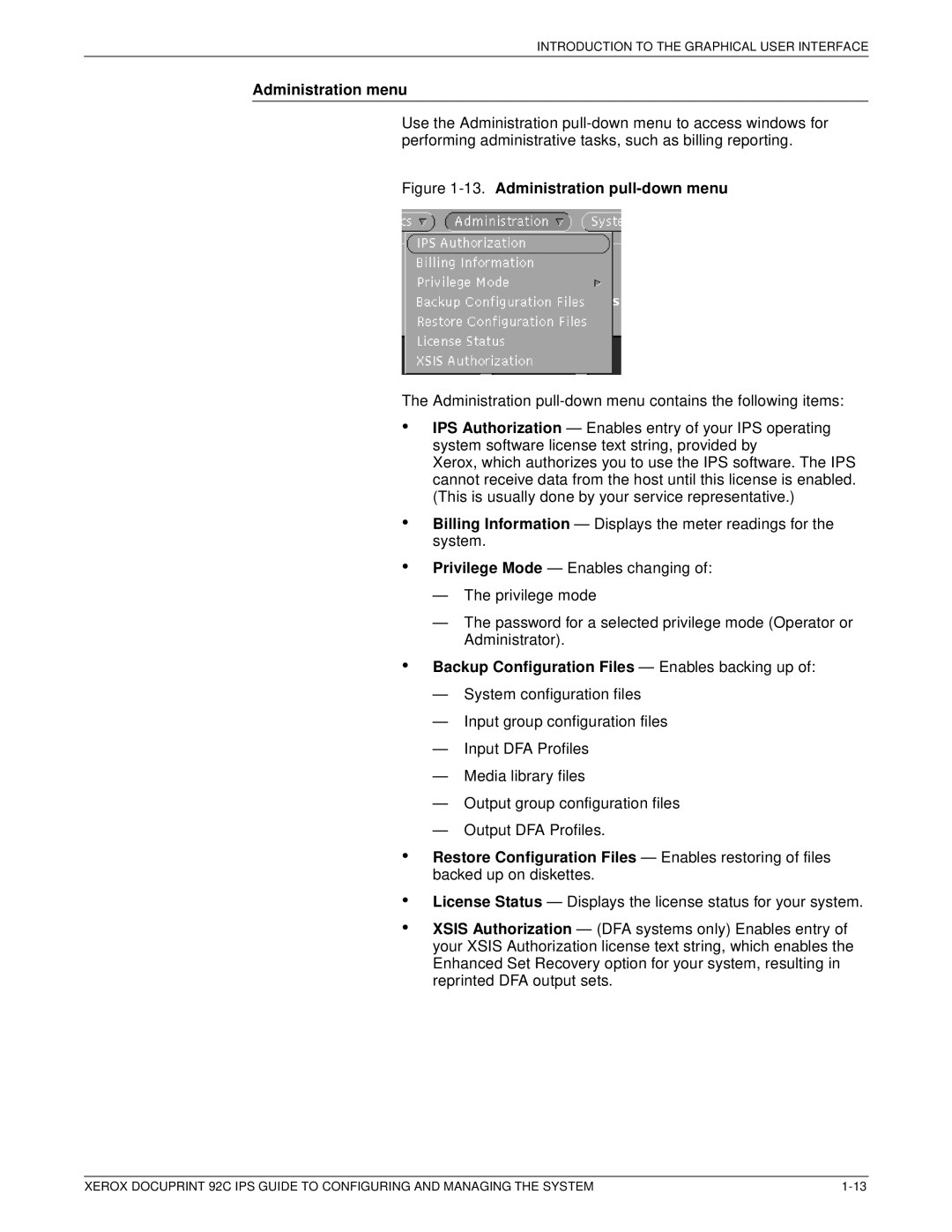 Xerox 92C IPS manual Administration menu, Backup Configuration Files Enables backing up 