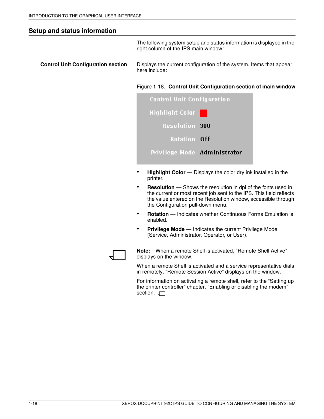 Xerox 92C IPS manual Setup and status information, Control Unit Configuration section of main window 