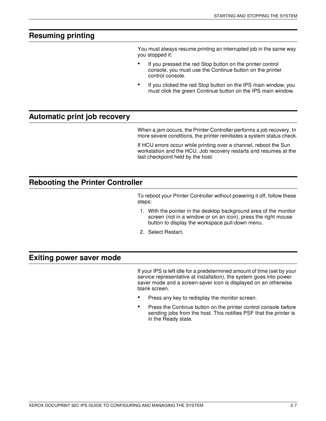 Xerox 92C IPS Resuming printing, Automatic print job recovery, Rebooting the Printer Controller, Exiting power saver mode 
