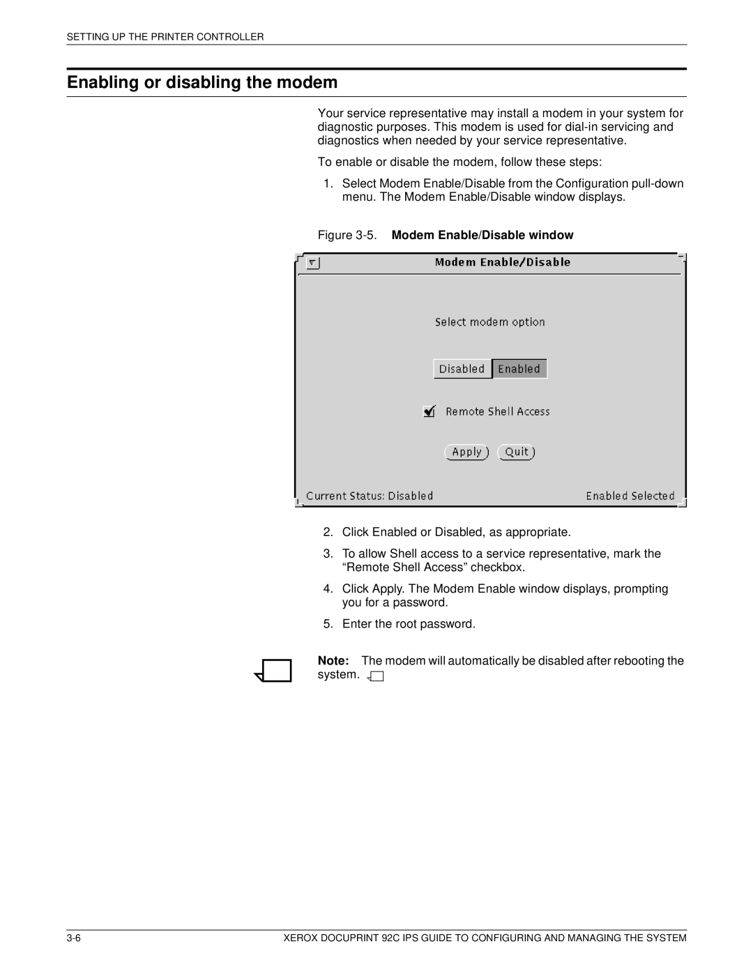 Xerox 92C IPS manual Enabling or disabling the modem, Modem Enable/Disable window 