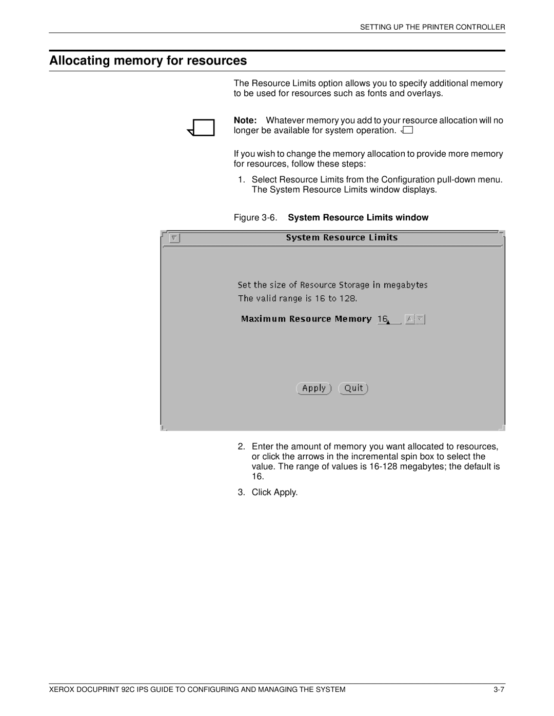 Xerox 92C IPS manual Allocating memory for resources, System Resource Limits window 