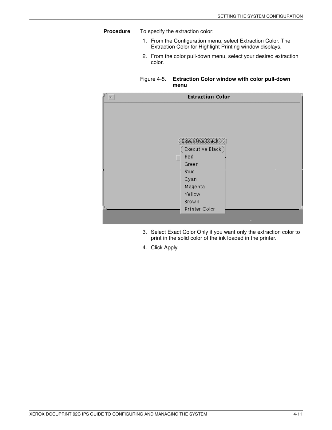 Xerox 92C IPS manual Extraction Color window with color pull-down menu 